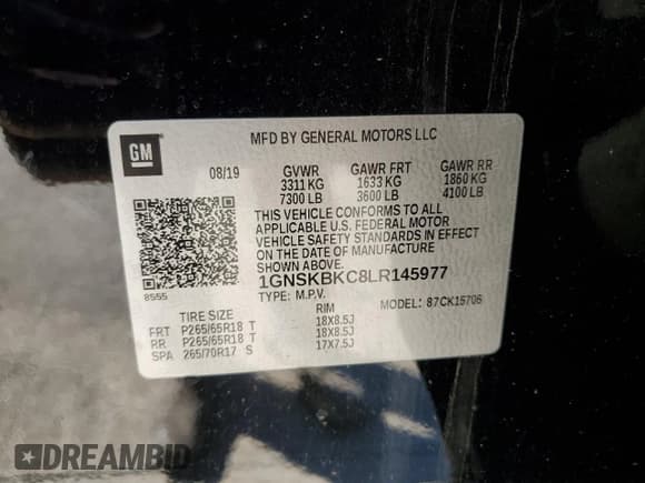 ✅ 2020 Chevrolet Tahoe LT • VIN: 1GNSKBKC8LR145977 • Lot: 77097984. Listed on Copart with 70,772 mi. Free auction sales archive from the USA and detailed vehicle history report at DreamBid. Image 13.