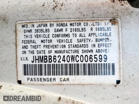 ✅ 1998 Honda Prelude • VIN: JHMBB6240WC006599 • Lot: 57177035. Listed on Copart with 172,435 mi. Free auction sales archive from the USA and detailed vehicle history report at DreamBid. Image 13.