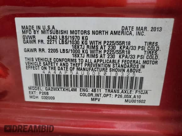 2013 Mitsubishi Outlander LE with VIN 4A4AP5AU6DE018325, listed as a Copart auction lot 82495695 with 260,422 mi miles and Salvage title. Bid and sale history available at DreamBid. Image 12.