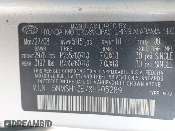 2008 Hyundai Santa Fe SE z VIN 5NMSH13E78H205289, wystawiony jako IAAI lot #43489024 z przebiegiem 262 238 mil mil oraz . Historia ofert i sprzedaży dostępna na DreamBid. Obrazek 9.