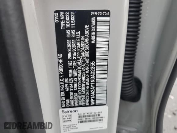 ✅ 2022 Porsche Cayenne • VIN: WP1AA2AY1NDA02355 • Lot: 90100845. Listed on Copart with 47,889 mi. Free auction sales archive from the USA and detailed vehicle history report at DreamBid. Image 13.