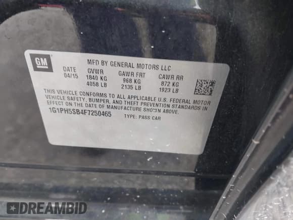 ✅ 2015 Chevrolet Cruze ECO • VIN: 1G1PH5SB4F7250465 • Лот: 43663881. Опубликован ранее на IAAI с пробегом 129 626 миль. Бесплатный доступ к архиву аукционных продаж из США и подробный отчёт об истории автомобиля на DreamBid. Изображение 9.