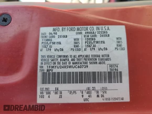 ✅ 1998 Ford Explorer Sport • VIN: 1FMYU24X5WUC60739 • Lot: 70776925. Wystawiony na Copart z przebiegiem 244 929 mil. Bezpłatny archiwum sprzedaży aukcyjnych z USA i szczegółowy raport historii pojazdu na DreamBid. Zdjęcie 13.