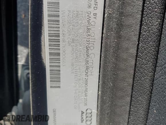 ✅ 2007 Audi S4 • VIN: WUARL48H87K900663 • Lot: 57980245. Listed on Copart with 98,842 mi. Free auction sales archive from the USA and detailed vehicle history report at DreamBid. Image 12.