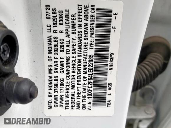 ✅ 2020 Honda Civic LX • VIN: 19XFC2F64LE022085 • Lot: 86441365. Listed on Copart with 49,874 mi. Free auction sales archive from the USA and detailed vehicle history report at DreamBid. Image 13.