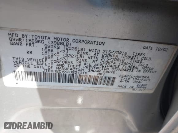 ✅ 2003 Toyota RAV4 • VIN: JTEHH20VX30204310 • Lot: 43283989. Listed on IAAI with 123,002 mi. Free auction sales archive from the USA and detailed vehicle history report at DreamBid. Image 9.