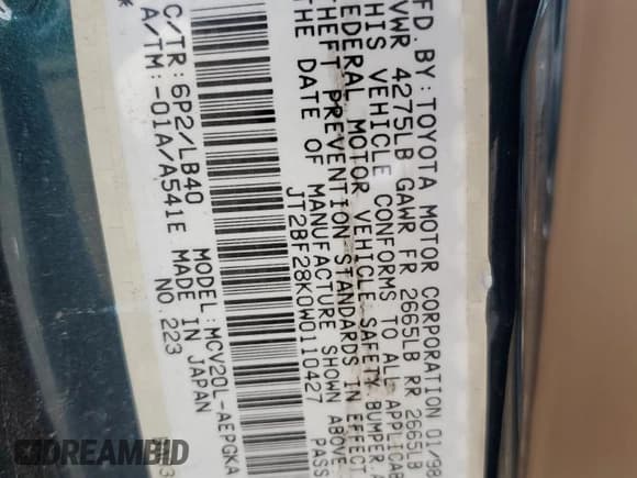 ✅ 1998 Toyota Camry LE • VIN: JT2BF28K0W0110427 • Lot: 65715735. Wystawiony na Copart z przebiegiem 100 656 mil. Bezpłatny archiwum sprzedaży aukcyjnych z USA i szczegółowy raport historii pojazdu na DreamBid. Zdjęcie 12.