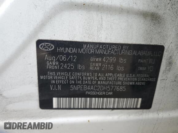 ✅ 2013 Hyundai Sonata GLS • VIN: 5NPEB4AC2DH577685 • Lot: 72003104. Listed on Copart with 157,640 mi. Free auction sales archive from the USA and detailed vehicle history report at DreamBid. Image 12.