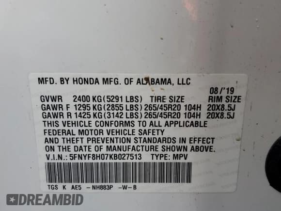 ✅ 2019 Honda Passport Elite • VIN: 5FNYF8H07KB027513 • Lot: 90889505. Listed on Copart with 108,348 mi. Free auction sales archive from the USA and detailed vehicle history report at DreamBid. Image 13.