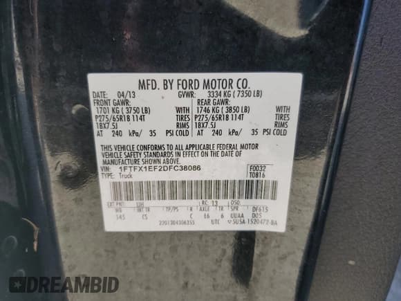 ✅ 2013 Ford F-150 XL • VIN: 1FTFX1EF2DFC38086 • Lot: 75994094. Wystawiony na Copart z przebiegiem Nie podano. Bezpłatny archiwum sprzedaży aukcyjnych z USA i szczegółowy raport historii pojazdu na DreamBid. Zdjęcie 13.