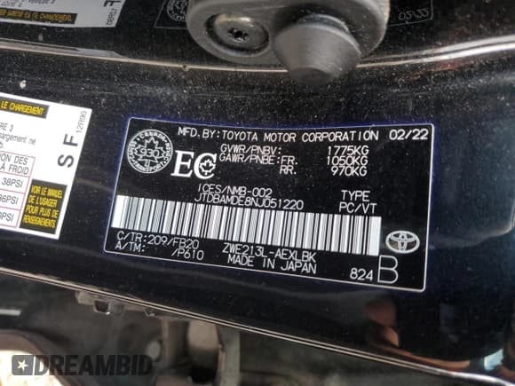 ✅ 2022 Toyota Corolla Hybrid • VIN: JTDBAMDE8NJ051220 • Лот: 90822425. Опубликован ранее на Copart с пробегом Не указан. Бесплатный доступ к архиву аукционных продаж из США и подробный отчёт об истории автомобиля на DreamBid. Изображение 12.