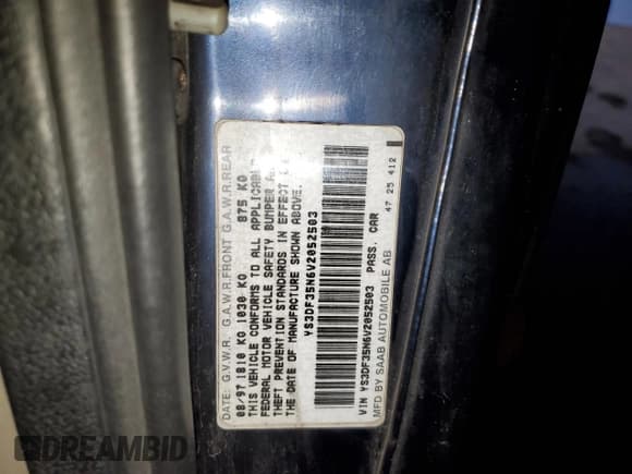 ✅ 1997 Saab 900 SE • VIN: YS3DF35N6V2052503 • Lot: 84914574. Listed on Copart with 169,980 mi. Free auction sales archive from the USA and detailed vehicle history report at DreamBid. Image 12.