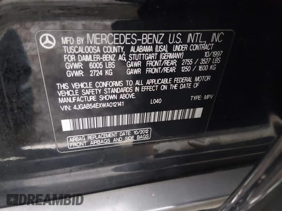 ✅ 1998 Mercedes-Benz M 320/430/500 • VIN: 4JGAB54EXWA012141 • Lot: 43884204. Listed on IAAI with 250,945 mi. Free auction sales archive from the USA and detailed vehicle history report at DreamBid. Image 9.