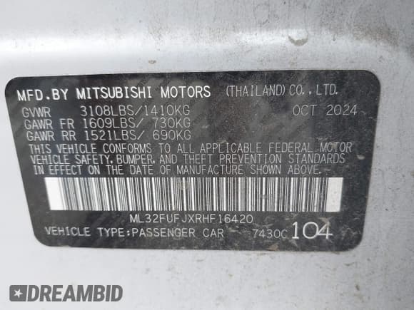 ✅ 2024 Mitsubishi Mirage ES • VIN: ML32FUFJXRHF16420 • Lot: 42996334. Listed on IAAI with 8,194 mi. Free auction sales archive from the USA and detailed vehicle history report at DreamBid. Image 9.