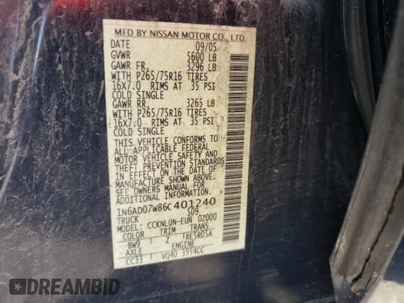 ✅ 2006 Nissan Frontier SE • VIN: 1N6AD07W86C401240 • Lot: 87023625. Listed on Copart with 252,639 mi. Free auction sales archive from the USA and detailed vehicle history report at DreamBid. Image 12.