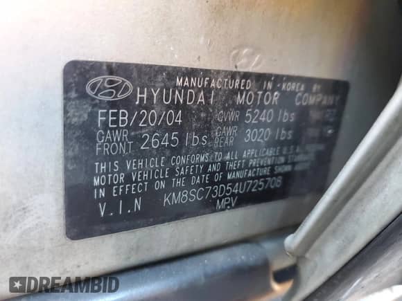 2004 Hyundai Santa Fe GLS с VIN KM8SC73D54U725708, выставлен на аукционе Copart как лот 46287865 с пробегом 56 032 миль миль и Чистый • Clean title. История ставок и продаж доступна на DreamBid. Изображение 13.