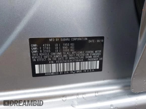 ✅ 2019 Subaru Impreza Premium • VIN: 4S3GTAC63K3756449 • Лот: 43019350. Опубликован ранее на IAAI с пробегом 116 682 миль. Бесплатный доступ к архиву аукционных продаж из США и подробный отчёт об истории автомобиля на DreamBid. Изображение 9.