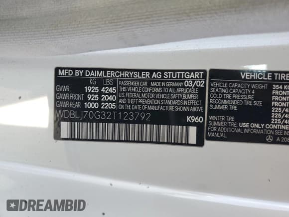 ✅ 2002 Mercedes-Benz CLK 320/430 • VIN: WDBLJ70G32T123792 • Lot: 90236855. Listed on Copart with 194,074 mi. Free auction sales archive from the USA and detailed vehicle history report at DreamBid. Image 12.