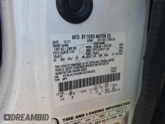 ✅ 2012 Ford Expedition Limited • VIN: 1FMJU1K58CEF24202 • Lot: 91522245. Wystawiony na Copart z przebiegiem 252 335 mil. Bezpłatny archiwum sprzedaży aukcyjnych z USA i szczegółowy raport historii pojazdu na DreamBid. Zdjęcie 13.