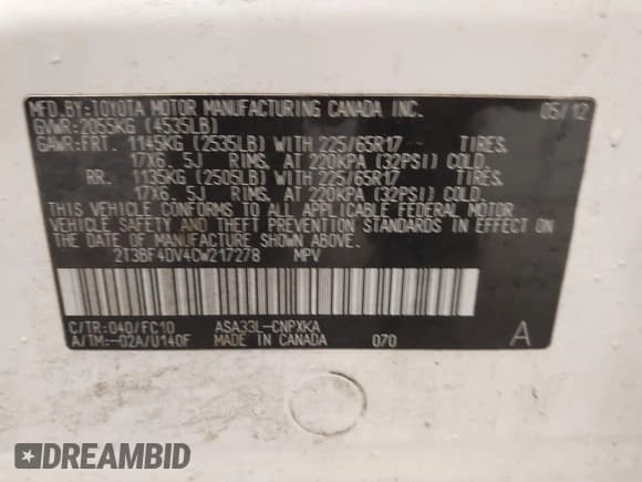 ✅ 2012 Toyota RAV4 • VIN: 2T3BF4DV4CW217278 • Лот: 43894794. Опубликован ранее на IAAI с пробегом 168 644 миль. Бесплатный доступ к архиву аукционных продаж из США и подробный отчёт об истории автомобиля на DreamBid. Изображение 9.