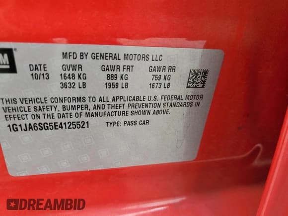 ✅ 2014 Chevrolet Sonic LS • VIN: 1G1JA6SG5E4125521 • Lot: 84605765. Listed on Copart with 89,219 mi. Free auction sales archive from the USA and detailed vehicle history report at DreamBid. Image 12.