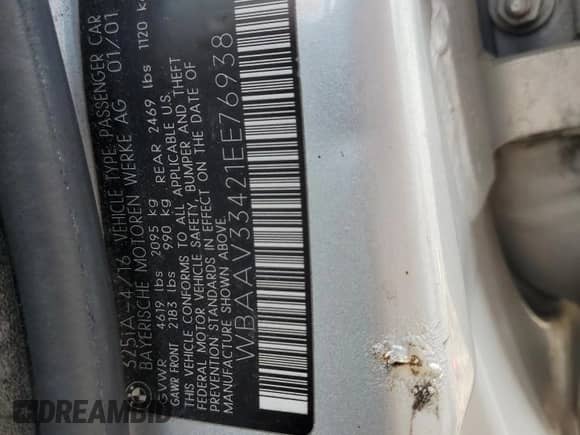 2001 BMW 3 Series 325i с VIN WBAAV33421EE76938, выставлен на аукционе Copart как лот 58946665 с пробегом 142 869 миль миль и Чистый • Clean title. История ставок и продаж доступна на DreamBid. Изображение 12.