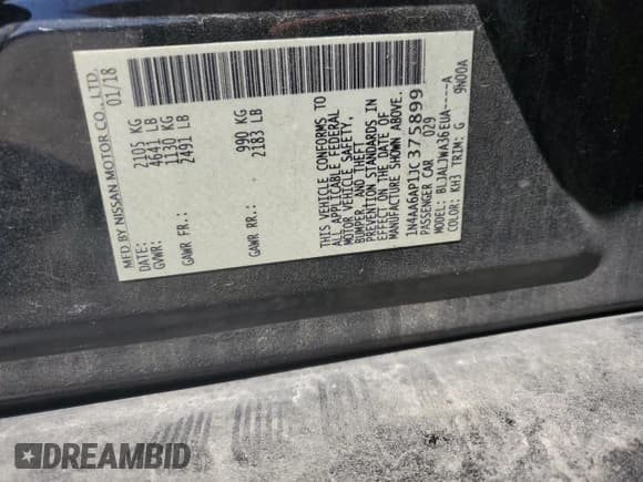 ✅ 2018 Nissan Maxima Platinum • VIN: 1N4AA6AP1JC375899 • Lot: 71893405. Listed on Copart with 109,707 mi. Free auction sales archive from the USA and detailed vehicle history report at DreamBid. Image 13.