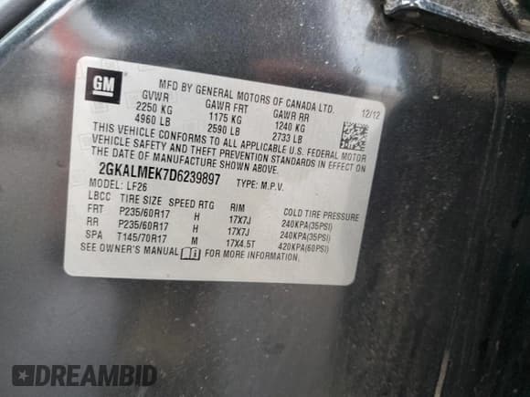 ✅ 2013 GMC Terrain SLE • VIN: 2GKALMEK7D6239897 • Lot: 82172175. Listed on Copart with 163,367 mi. Free auction sales archive from the USA and detailed vehicle history report at DreamBid. Image 12.