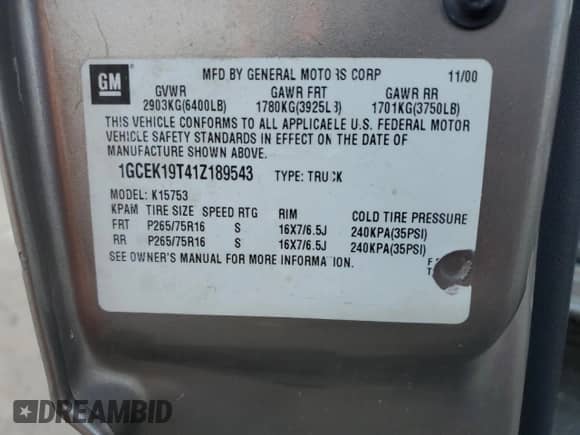 2001 Chevrolet Silverado 1500 LS с VIN 1GCEK19T41Z189543, выставлен на аукционе Copart как лот 62922784 с пробегом 157 821 миль миль и Списание • Salvage title. История ставок и продаж доступна на DreamBid. Изображение 14.