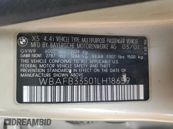 ✅ 2001 BMW X5 4.4i • VIN: WBAFB33501LH18659 • Lot: 86325255. Listed on Copart with 70,748 mi. Free auction sales archive from the USA and detailed vehicle history report at DreamBid. Image 13.