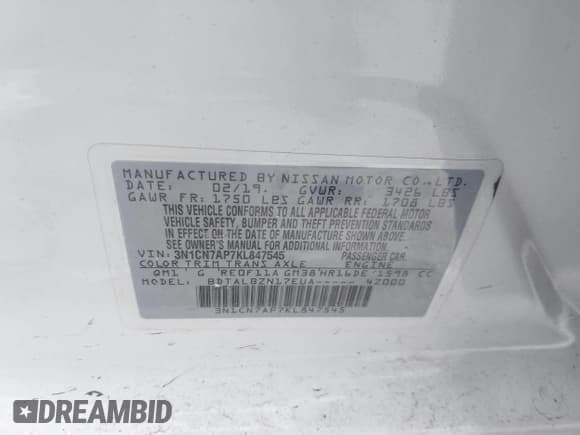 ✅ 2019 Nissan Versa SV • VIN: 3N1CN7AP7KL847545 • Lot: 43921391. Listed on IAAI with 87,300 mi. Free auction sales archive from the USA and detailed vehicle history report at DreamBid. Image 9.