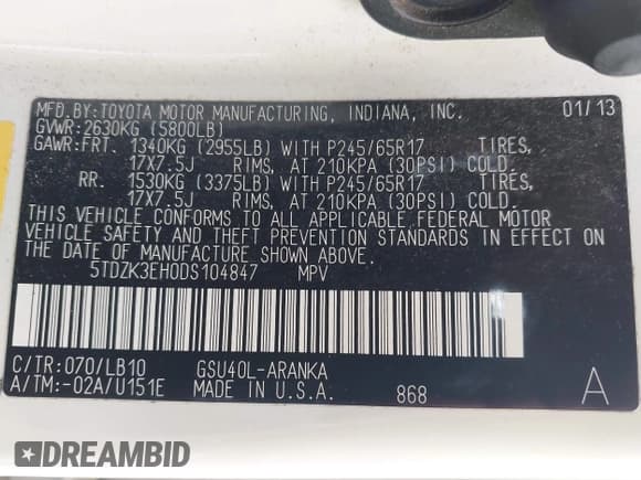 ✅ 2013 Toyota Highlander SE • VIN: 5TDZK3EH0DS104847 • Lot: 43403741. Listed on IAAI with 215,875 mi. Free auction sales archive from the USA and detailed vehicle history report at DreamBid. Image 9.