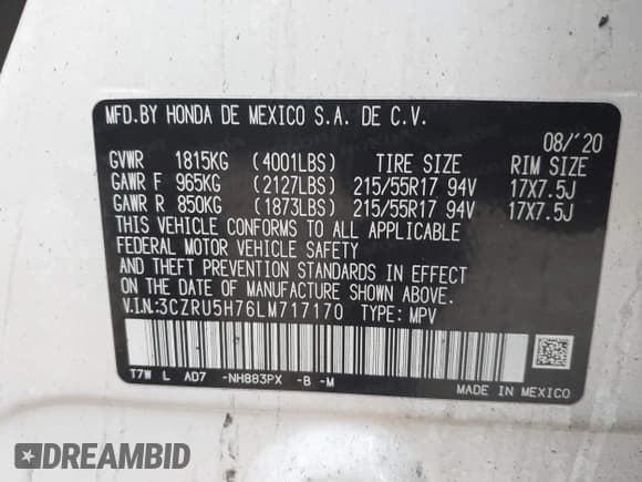 ✅ 2020 Honda HR-V EX-L • VIN: 3CZRU5H76LM717170 • Lot: 41380204. Wystawiony na IAAI z przebiegiem Nie podano. Bezpłatny archiwum sprzedaży aukcyjnych z USA i szczegółowy raport historii pojazdu na DreamBid. Zdjęcie 9.