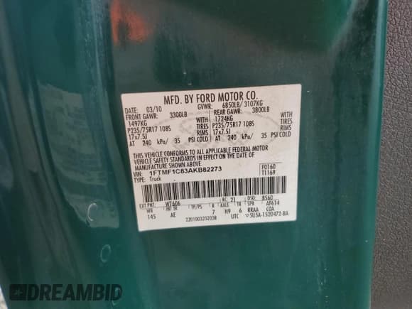 ✅ 2010 Ford F-150 XL • VIN: 1FTMF1C83AKB82273 • Lot: 66844115. Listed on Copart with Not provided. Free auction sales archive from the USA and detailed vehicle history report at DreamBid. Image 12.