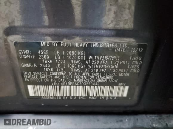 ✅ 2013 Subaru Outback 2.5i • VIN: 4S4BRBAC7D3263430 • Lot: 92615525. Wystawiony na Copart z przebiegiem 136 361 mil. Bezpłatny archiwum sprzedaży aukcyjnych z USA i szczegółowy raport historii pojazdu na DreamBid. Zdjęcie 13.