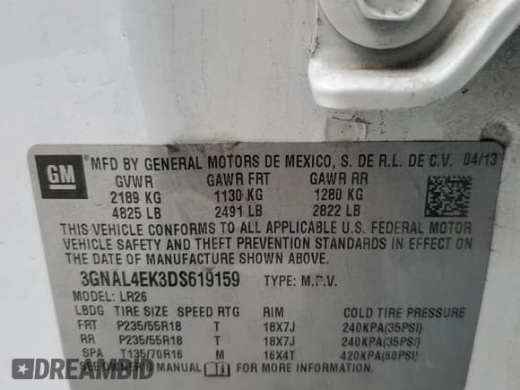 ✅ 2013 Chevrolet Captiva Sport LTZ • VIN: 3GNAL4EK3DS619159 • Lot: 79177234. Wystawiony na Copart z przebiegiem 131 512 mil. Bezpłatny archiwum sprzedaży aukcyjnych z USA i szczegółowy raport historii pojazdu na DreamBid. Zdjęcie 13.