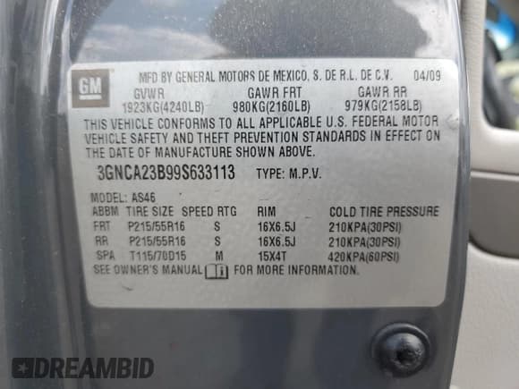 ✅ 2009 Chevrolet HHR 1LT • VIN: 3GNCA23B99S633113 • Lot: 56431075. Listed on Copart with 205,508 mi. Free auction sales archive from the USA and detailed vehicle history report at DreamBid. Image 13.