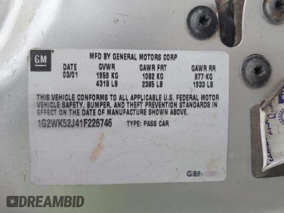 ✅ 2001 Pontiac Grand Prix SE • VIN: 1G2WK52J41F226746 • Лот: 41894636. Опубликован ранее на IAAI с пробегом 136 260 миль. Бесплатный доступ к архиву аукционных продаж из США и подробный отчёт об истории автомобиля на DreamBid. Изображение 9.