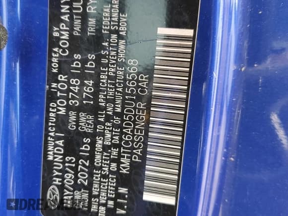 ✅ 2013 Hyundai Veloster w/Black Int • VIN: KMHTC6AD5DU156568 • Lot: 85583434. Listed on Copart with 90,303 mi. Free auction sales archive from the USA and detailed vehicle history report at DreamBid. Image 15.