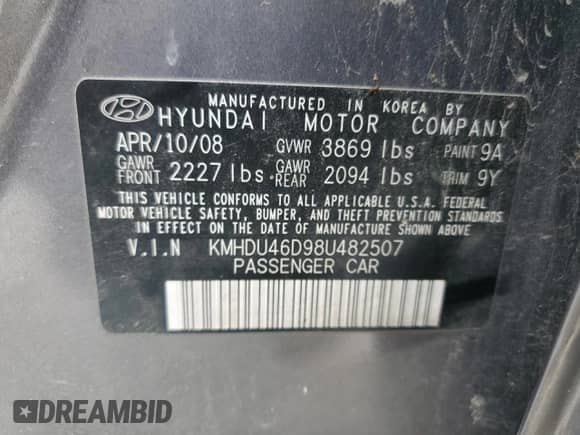 2008 Hyundai Elantra GLS z VIN KMHDU46D98U482507, wystawiony jako Copart lot #54223784 z przebiegiem 118 571 mil mil oraz Szkoda całkowita • Salvage title. Historia ofert i sprzedaży dostępna na DreamBid. Obrazek 12.