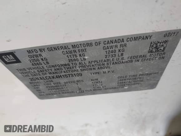 2017 Chevrolet Equinox LT с VIN 2GNALCEK4H1573109, выставлен на аукционе IAAI как лот 43593770 с пробегом 101 978 миль миль и . История ставок и продаж доступна на DreamBid. Изображение 9.