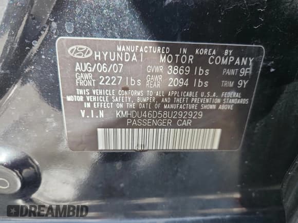 ✅ 2008 Hyundai Elantra GLS • VIN: KMHDU46D58U292929 • Lot: 81327955. Listed on Copart with 148,539 mi. Free auction sales archive from the USA and detailed vehicle history report at DreamBid. Image 12.