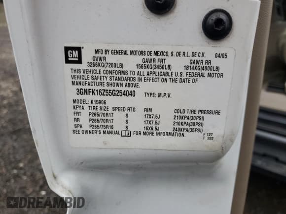 ✅ 2005 Chevrolet Suburban LT • VIN: 3GNFK16Z55G254040 • Lot: 43133425. Listed on Copart with 184,755 mi. Free auction sales archive from the USA and detailed vehicle history report at DreamBid. Image 13.