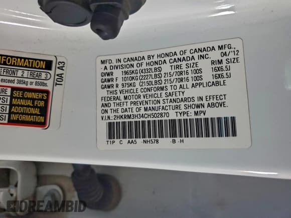 ✅ 2012 Honda CR-V LX • VIN: 2HKRM3H34CH502870 • Lot: 94740145. Listed on Copart with 210,106 mi. Free auction sales archive from the USA and detailed vehicle history report at DreamBid. Image 13.