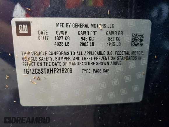 2017 Chevrolet Malibu LS with VIN 1G1ZC5STXHF218208, listed as a Copart auction lot 69065375 with 76,910 mi miles and Salvage title. Bid and sale history available at DreamBid. Image 12.