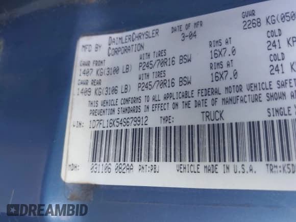 ✅ 2004 Dodge Dakota • VIN: 1D7FL16K54S679912 • Lot: 43684515. Wystawiony na IAAI z przebiegiem 190 001 mil. Bezpłatny archiwum sprzedaży aukcyjnych z USA i szczegółowy raport historii pojazdu na DreamBid. Zdjęcie 9.
