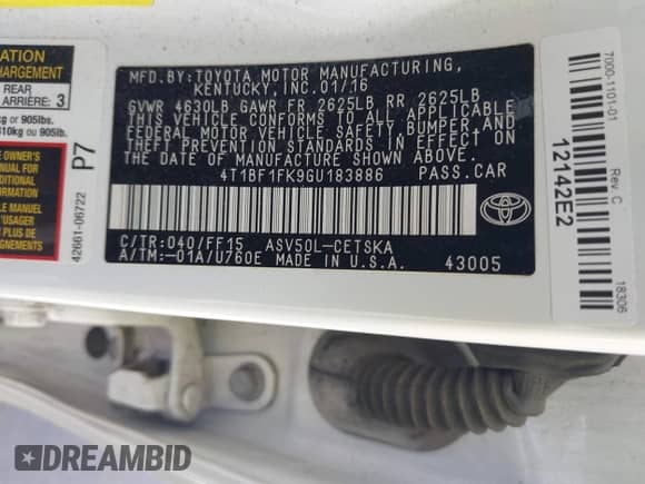 2016 Toyota Camry SE z VIN 4T1BF1FK9GU183886, wystawiony jako IAAI lot #42848504 z przebiegiem 158 322 mil mil oraz . Historia ofert i sprzedaży dostępna na DreamBid. Obrazek 9.