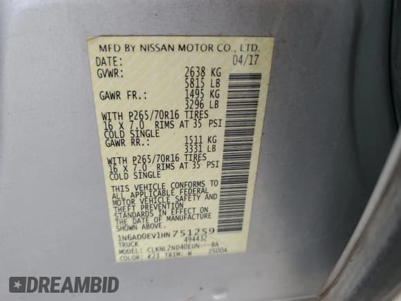 ✅ 2017 Nissan Frontier SV • VIN: 1N6AD0EV1HN751259 • Lot: 85944945. Listed on Copart with 136,831 mi. Free auction sales archive from the USA and detailed vehicle history report at DreamBid. Image 12.