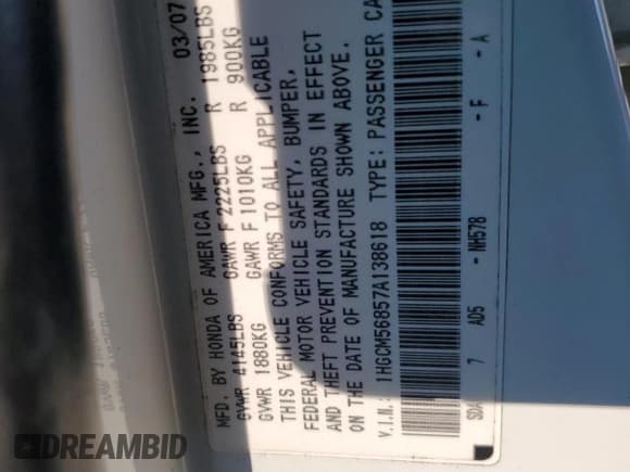 ✅ 2007 Honda Accord EX-L • VIN: 1HGCM56857A138618 • Lot: 91469475. Listed on Copart with 169,870 mi. Free auction sales archive from the USA and detailed vehicle history report at DreamBid. Image 12.