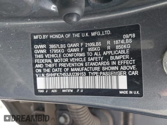 ✅ 2018 Honda Civic EX • VIN: SHHFK7H53JU239153 • Лот: 43631619. Опубликован ранее на IAAI с пробегом 164 352 миль. Бесплатный доступ к архиву аукционных продаж из США и подробный отчёт об истории автомобиля на DreamBid. Изображение 9.